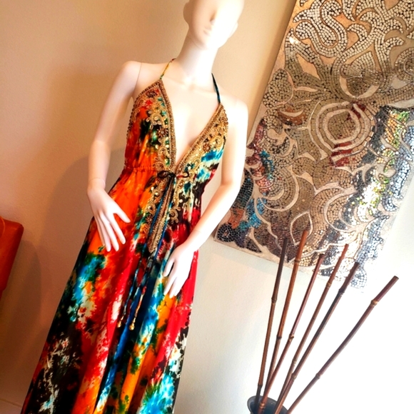 **LAST ONE***MANISH VAID- Tie Dye Silky Rayon Cry.Emb. Hi-Lo Dress OS NWT WoW*** - Picture 3 of 9